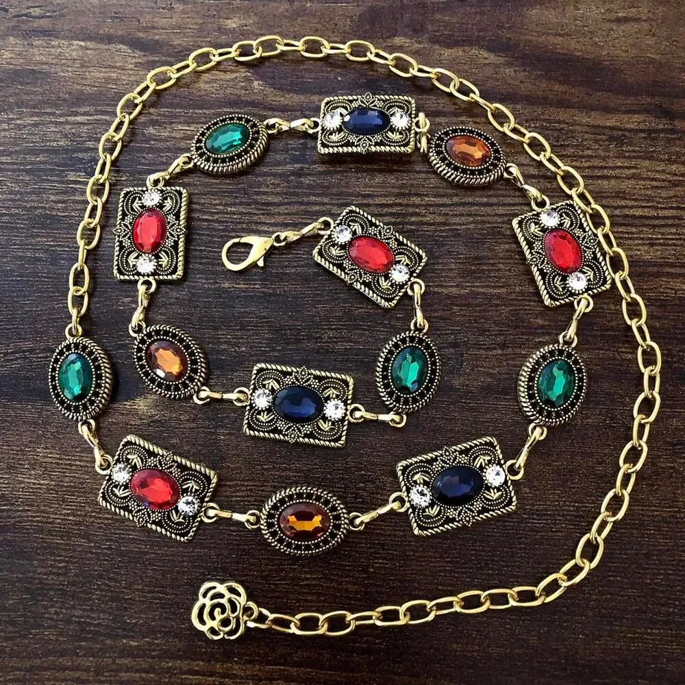 Women's Gold Colorful Jewel Chain Belt Body Chain, Fits 26-43 Inches, X7GA1235